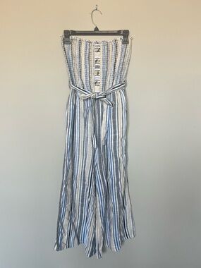 Striped Strapless Wide Leg Capri Jumpsuit
